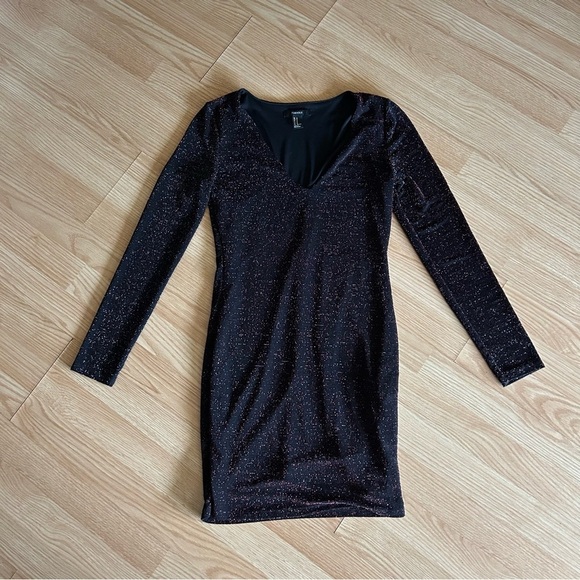 Forever 21 Black Shimmer Deep V-Neck Dress Medium - Picture 1 of 7